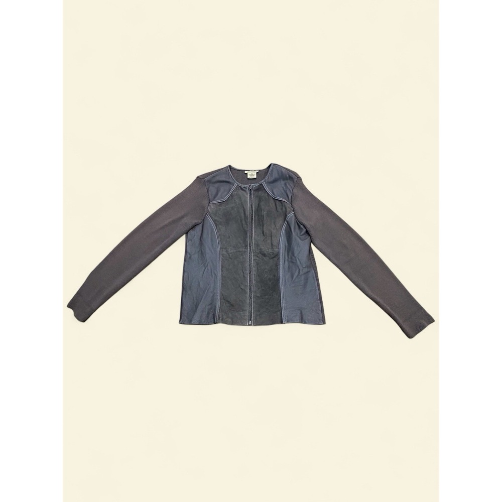 Escapade Womens Suede Leather Front Knit Jacket Sweater Brown - Size M